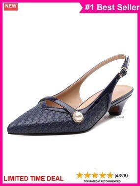Womens Pointed Toe Slingback Pumps Low Thick Kitten Heel Woven Pearl